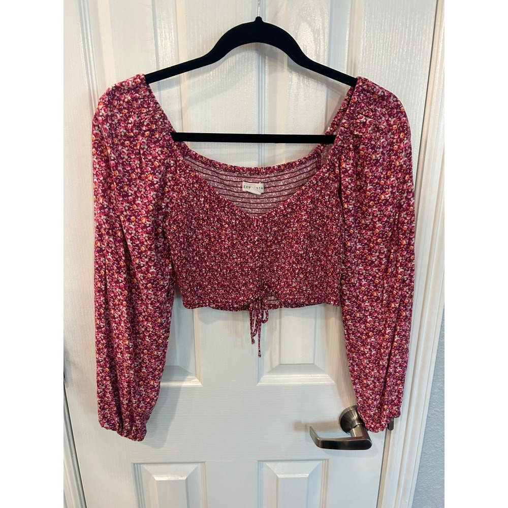 Aeropostale Crop Top Burgundy Floral Smocked Long Sleeve Cinch Front Blouse XS‎